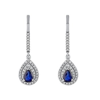 Majestic Gems™ 14k White Gold Pearshape Sapphire w/ Double Halo Drops on Diamond Set Bars Blue Sapphire & Diamond 1.50 Ctw
