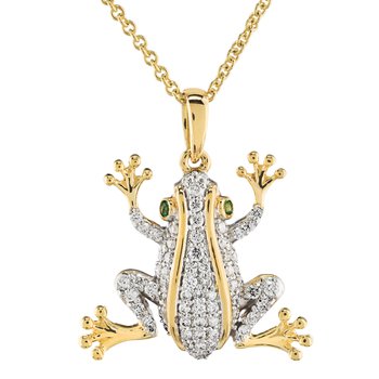 ZooLightful™ 14K Yellow Gold Pave Set Frog Emerald Eyes Pendant Diamond 0.25 Ctw