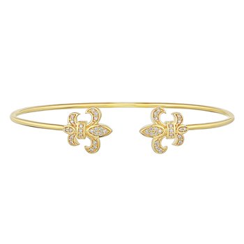Lis Royale™ 14K Yellow Gold Round Wire Open Ended with Pave Fleur-De-Lis Bangle 0.25 Ctw Diamond
