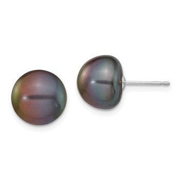 14k White Gold 10-11mm Black Button Freshwater Cultured Pearl Stud Post Earrings