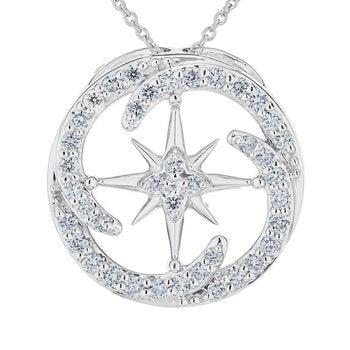 14K White Gold Pendant North Star Center with Swirl Circle Pave Set Diamond 0.50 Ctw