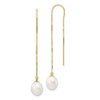 14k 7-8mm White Rice Freshwater Cultured Pearl Box Chain Threader Earrings