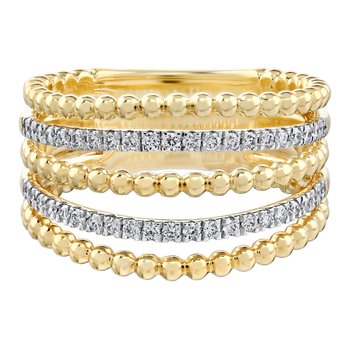 14K Yellow Gold 5 Split Rows Alternating Diamond Set & Beaded Ring Diamond 0.25 Ctw