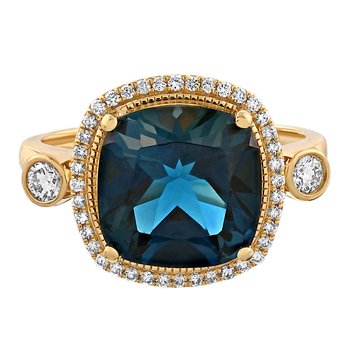 Majestic Gems™ 14k Yellow Gold Cushion Blue Topaz Halo Bezel Set Shoulders Blue Topaz & Diamond 5.25 Ctw