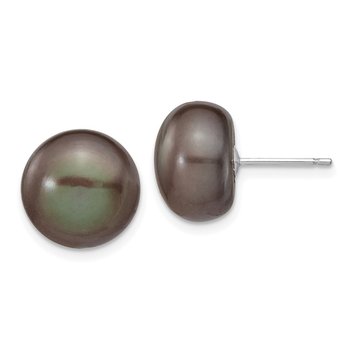 14k White Gold 11-12mm Black Button Freshwater Cultured Pearl Stud Post Earrings