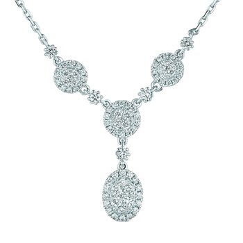 14K White Gold Necklace ""Y"" with Clusters Oval Drop Center Diamond 0.90 Ctw
