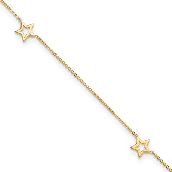 14K Open Star 3-Station 9 inch Plus 1 inch Extender - Total 10 inch Anklet