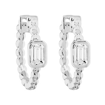 14K Yellow Gold Beaded Hoops with Bezel Set Emerald Cut Diamond Earrings 0.40 Ctw