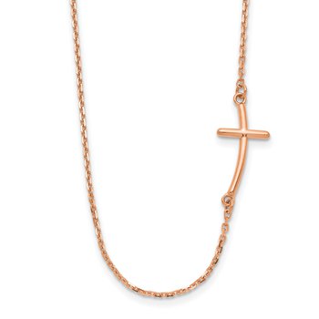 14k Rose Gold Polished Small Sideways Curved Cross 19 inch Necklace