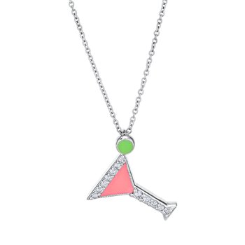 14K White Gold Pendant Enamel Martini Glass Offset Hidden Bail Diamond 0.15 Ctw