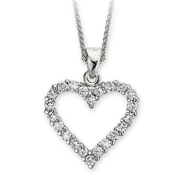14K White Gold Pendant Prong Set Heart Cutout Polished Bail Diamond 1.00 Ctw