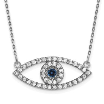 14k White Gold Polished 1/2 carat Diamond and Sapphire Medium Evil Eye 18 inch Necklace