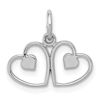 14k White Gold Satin And Diamond-cut Double Heart Charm