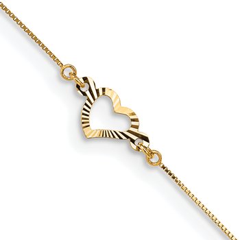14k Diamond-cut Open Heart 3-Station 9 inch Plus 1 inch Extender - Total 10 inch Anklet