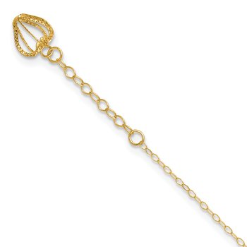 14K Cable Chain with Diamond-cut Heart Cage Dangle 9 inch Plus 1 inch Extender - Total 10 inch Anklet
