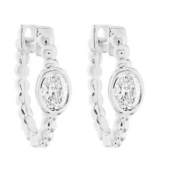 14K Yellow Gold Beaded Hoops with Bezel Set Oval Diamond Earrings 0.40 Ctw