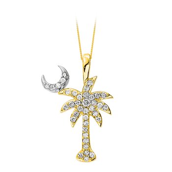 OCEANITY ™ 14k Two Tone Pendant Palm Tree with Crescent Moon Pave Set Diamond 1.00 Ctw