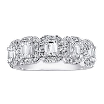 Ring: 14KW 5 Emerald Cut Individual Halo's Band 75 Dias. 1 1/2 Ctw