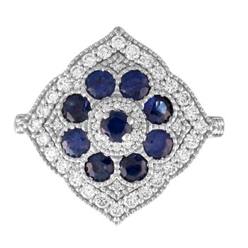 Vintage Treasures™ 14k White Gold Offset Square Sapphire & Diamond Halo Ring Diamond & Blue Sapphire 1.32 Ctw