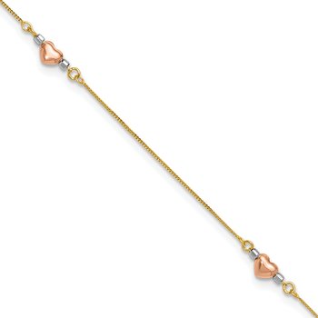 14k Tri-Color Puffed Hearts and Beads 9 inch Plus 1 inch Extender - Total 10 inch Anklet