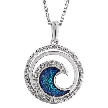 Oceanity™ 14K White Gold Pendant Enamel Wave in Micro Pave Set Circle Diamond 0.20 Ctw