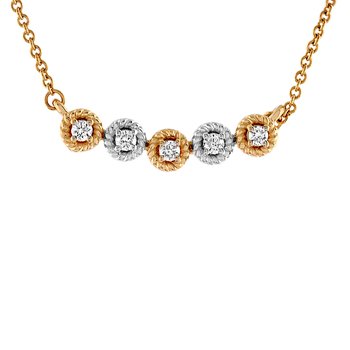 10K Two Tone Twisted Settings 5 Stations Diamond Necklace 0.10 Ctw