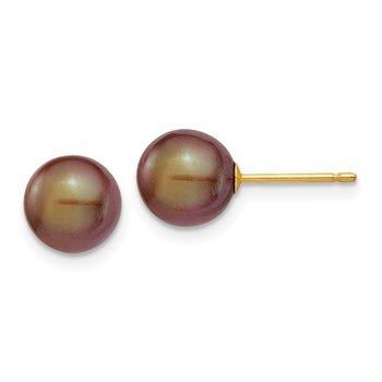 14k 7-8mm Brown Round Freshwater Cultured Pearl Stud Post Earrings