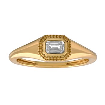 14K Yellow Gold Horizontal Bezel Set Emerald Cut Reverse Taper Shoulders Diamond Ring 0.25 Ctw