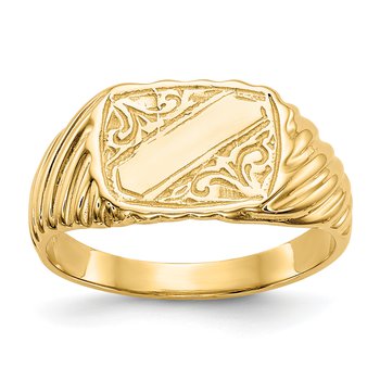 14K Gold Polished Baby Rectangle Signet w/Stripes Ring