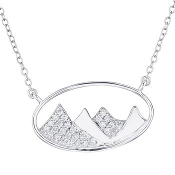 Diamond Peak™ 14K White Gold Necklace Oval Cutout with Pave & Polished Mountains Diamond 0.25 Ctw