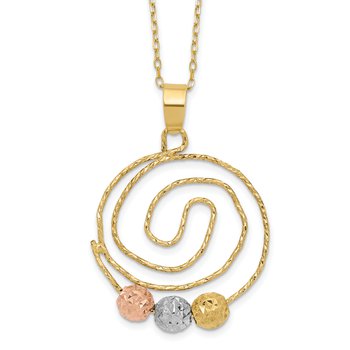 14k Tri-color Diamond-cut Beads on Spiral Pendant 18 inch Necklace