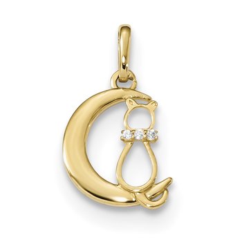 14k Childrens CZ Cat and Moon Pendant