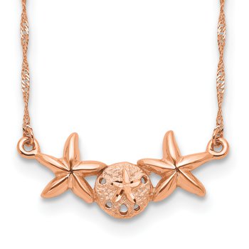 14K Rose Gold Brushed and Polished Sand Dollar and Starfish 17 inch Necklace