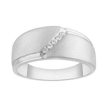 Shefian™ 10K White Gold Ring Men's Brushed Finished with Diagonal Channel Set Diamond 0.10 Ctw