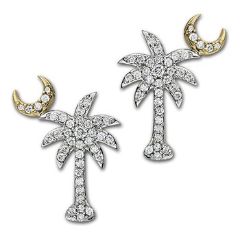 OCEANITY ™ 14k Two Tone Earrings Palmetto Palm Tree with Crescent Moon Pave Set Diamond 1.00 Ctw