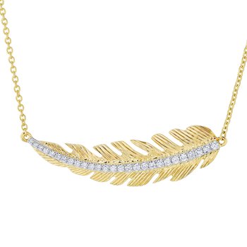 14K Yellow Gold Necklace Horizontal Feather with Pave Set Spine Diamond 0.20 Ctw