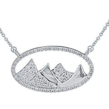 Diamond Peak™ 14KW White Gold Necklace Pave & Polished Mountain Range in Diamond Set Oval Diamond 0.50 Ctw