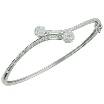 14K White Gold Bypass with Flower Clusters Hinged Bangle Diamond 0.75 Ctw