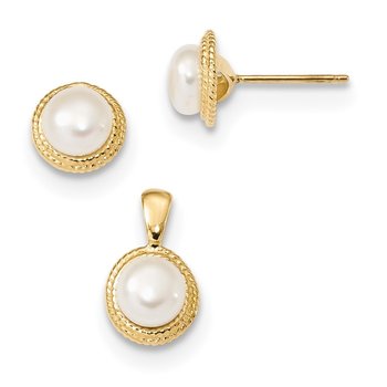 14k 5-6mm White Button Freshwater Cultured Pearl Post Earrings and Pendant Set