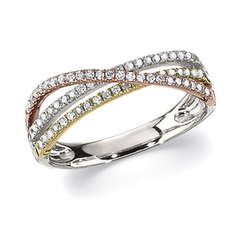 14K Tri Color Ring 3 Pave Set Rows Overlapping Diamond 0.40 Ctw