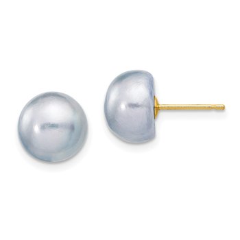 14k 9-10mm Grey Button Freshwater Cultured Pearl Stud Post Earrings