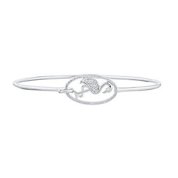 OCEANITY ™ 14k White Gold Bangle Sideways Flamingo in Oval Frame Hook & Eye Closure Diamond 0.23 Ctw
