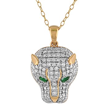ZooLightful™ 14K Yellow Gold Pave Set Puma Head Emerald Eyes Pendant Diamond 0.77 Ctw