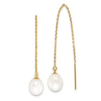 14k 7-8mm White Rice Freshwater Cultured Pearl Cable Chain Threader Earrings