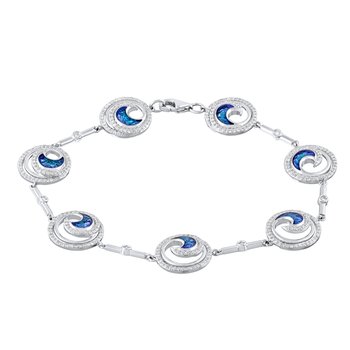 Oceanity™ 14K White Gold Bracelet Row of Enamel Waves in Pave Set Circles Diamond 1.07 Ctw
