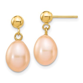 14k 7-8mm Pink Rice Freshwater Cultured Pearl Post Dangle Earrings