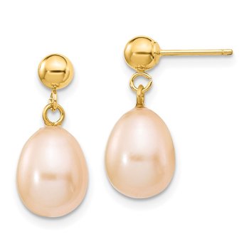 14k 8-9mm Pink Rice Freshwater Cultured Pearl Post Dangle Earrings