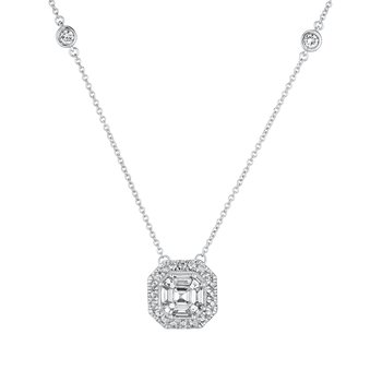 Necklace: 14KW Asscher Shape Halo w/ 6 Stations 27 Dias. 3/4 Ctw