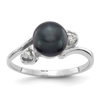 14k White Gold 7mm Black FW Cultured Pearl AA Diamond ring