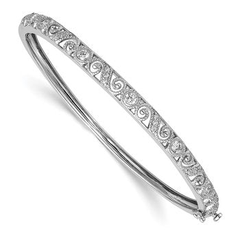 14k White Gold Swirl Design Complete 3/4 carat AA Diamond Hinged Oval Bangle Bracelet